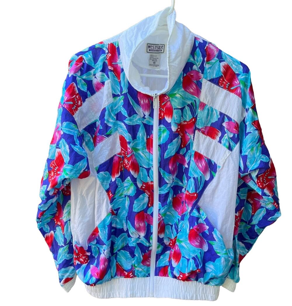 Nylon Track Jacket Women's Medium White Parachute VTG 80s Full Zip Bright Floral
